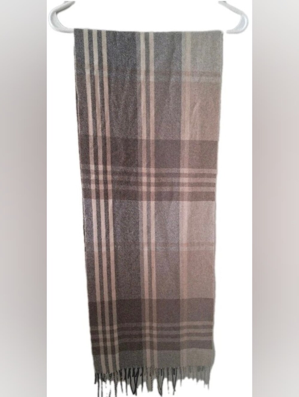 100% Cashmere Jos. A. Bank Soft Classic Plaid Scarf, Grey, Cream & Tan Colors